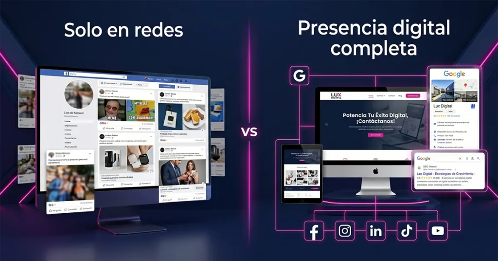 Comparativa visual entre tener solo redes sociales frente a una presencia digital completa con diseño web profesional, posicionamiento en Google e IA y redes sociales.