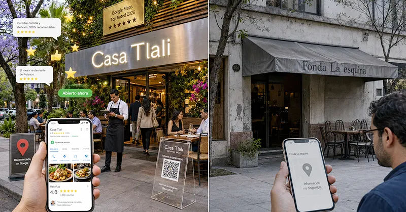 Comparativa visual entre un restaurante concurrido con perfil optimizado en Google Maps y reseñas de 5 estrellas frente a un local vacío mostrando "Información no disponible" en el móvil.