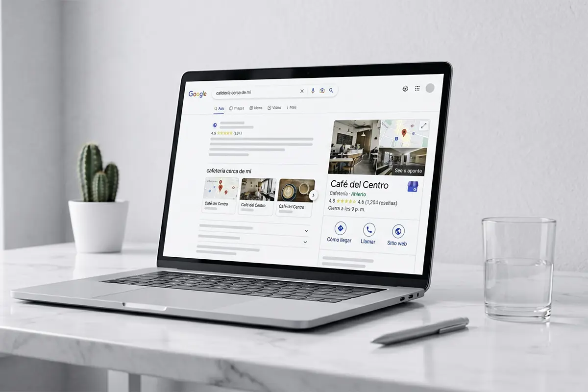 Google Business Profile de Café del Centro con calificación 4.8 estrellas, botones Cómo llegar, Llamar y Sitio web en resultados de búsqueda local