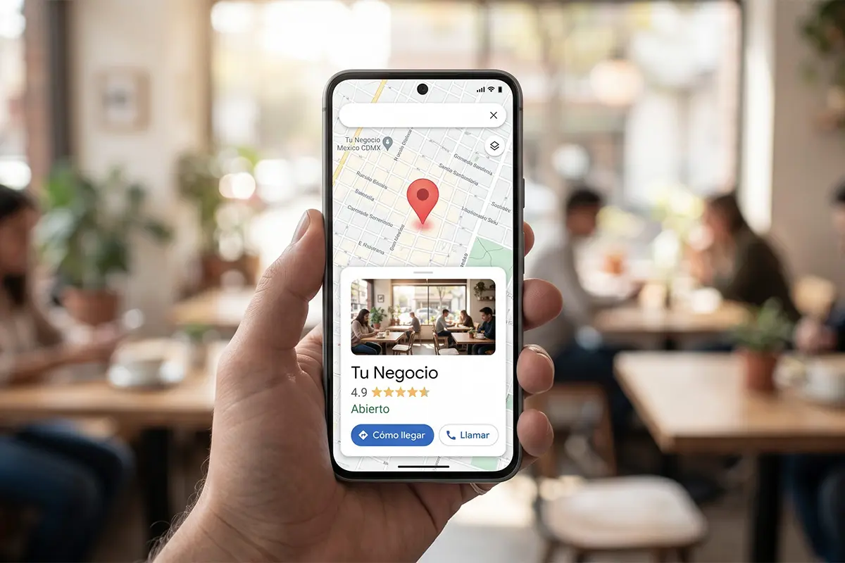 Google Business Profile de un negocio local con calificación 4.9 estrellas, estado Abierto y botones de contacto visibles en Google Maps