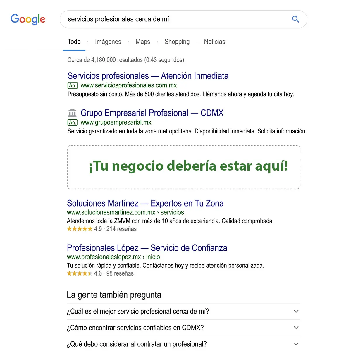 Resultados de Google donde el primer lugar está vacío - tu negocio sin posicionamiento SEO no aparece