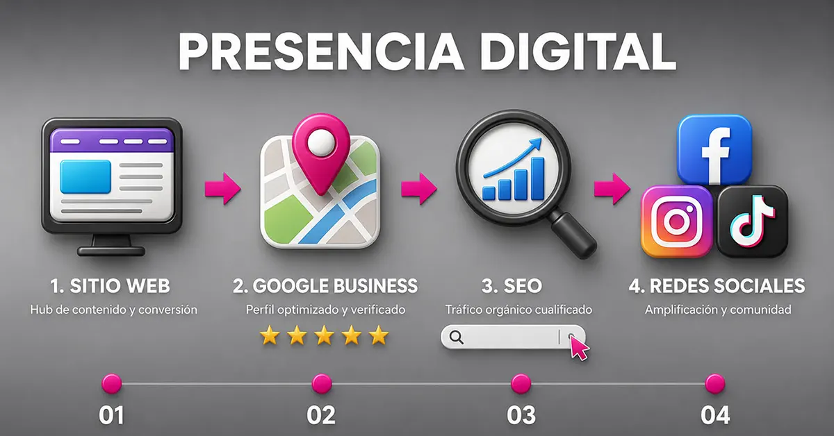 Los 4 pilares de la presencia digital para negocios: sitio web, Google Business Profile, SEO y redes sociales