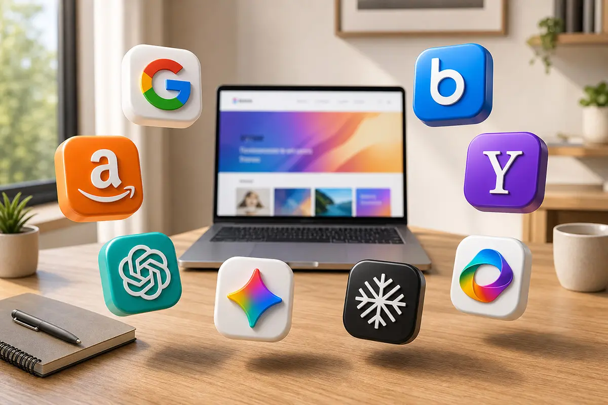 Posicionamiento SEO y GEO en México — logos de Google, Bing, ChatGPT, Gemini y Perplexity representando visibilidad digital para negocios