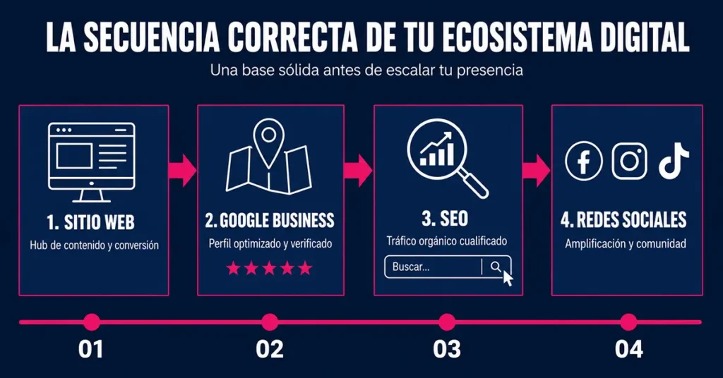 Infografía de la secuencia correcta del ecosistema digital: 1. Sitio web, 2. Google Business, 3. SEO, 4. Redes sociales.